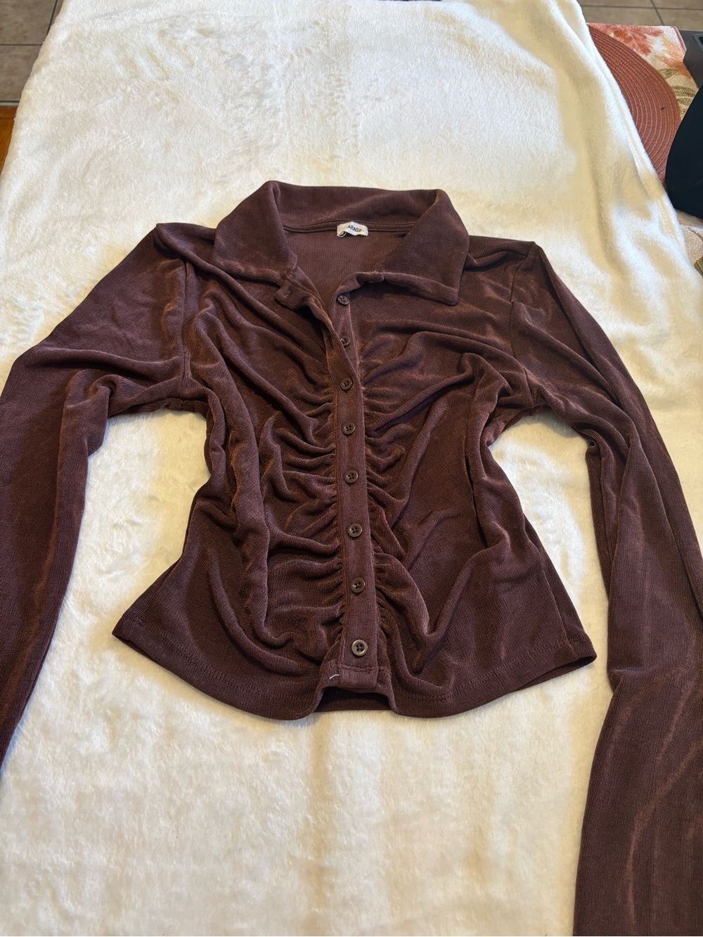 Ruched Button-Up Long Sleeve Top in Mauve Brown - Picture 5 of 5